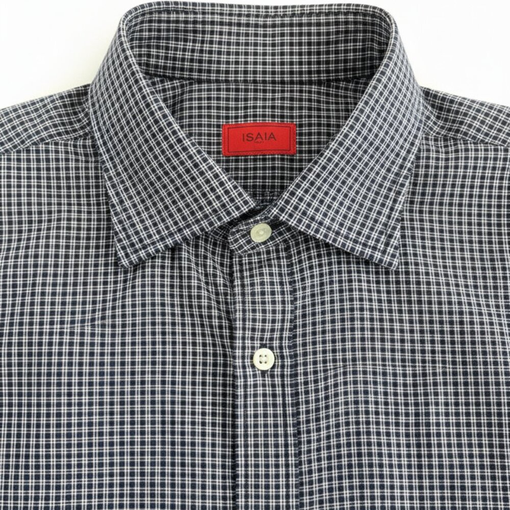 Isaia Napoli Navy Seersucker Dress Shirt | Sz 16.5 (Tailored to 16)